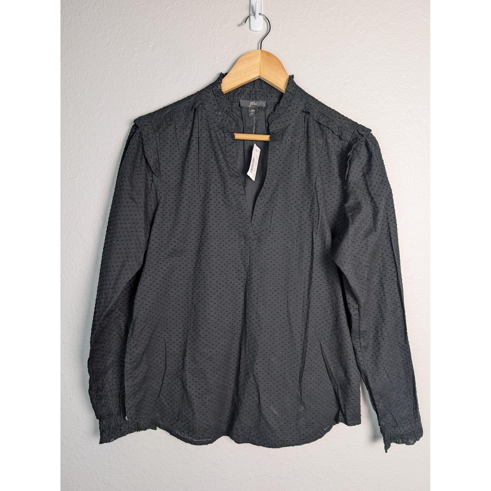J Crew Blouse Womens XS Black Swiss Dot Ruffle V Neck Boho Long Sleeve Top